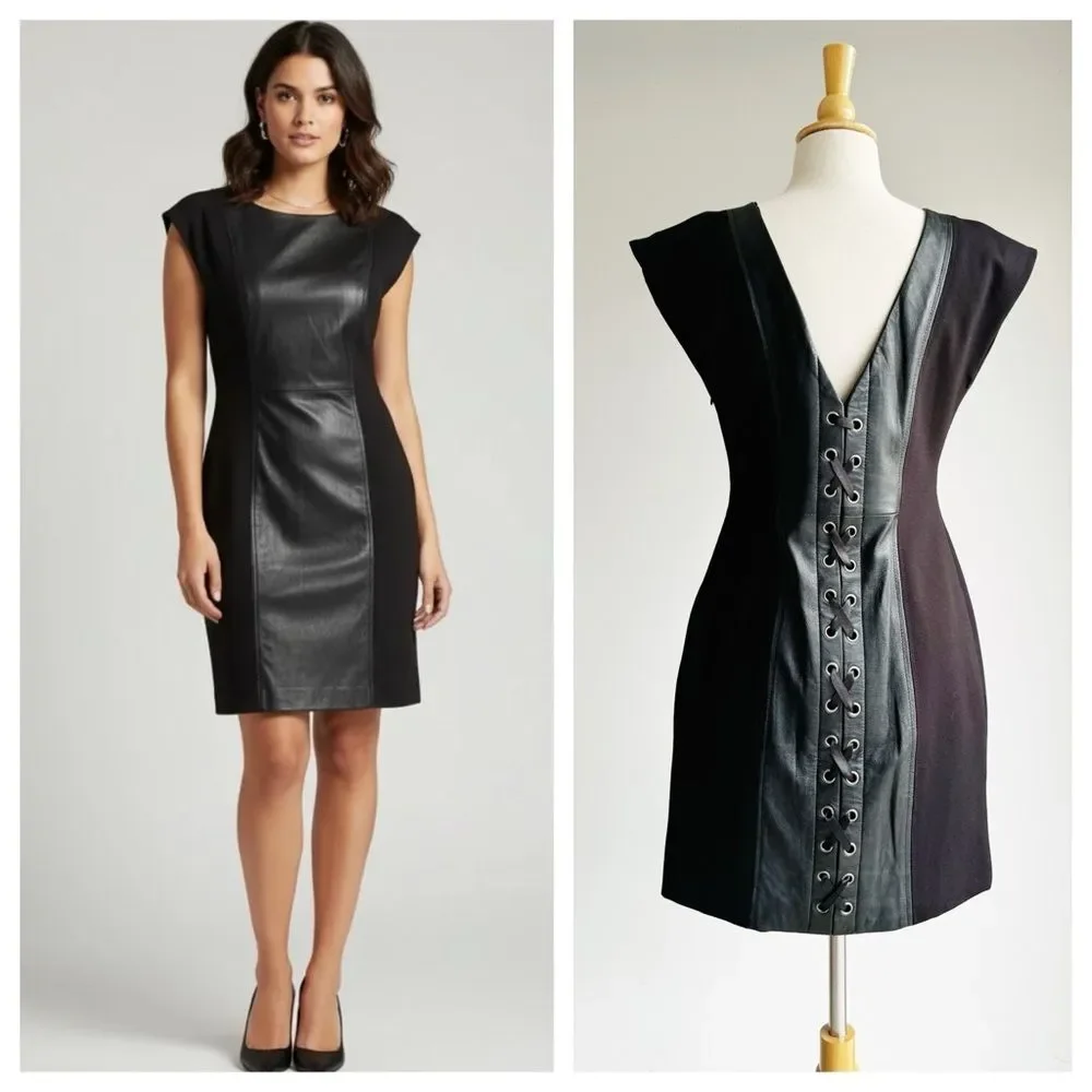 Boston Proper Black Leather Panel Lace-Up Dress Size 8